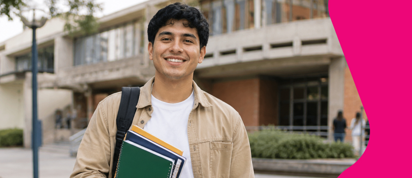 Estudiante sonriente en instalaciones del Poli para asistir a clase de contratación estatal.