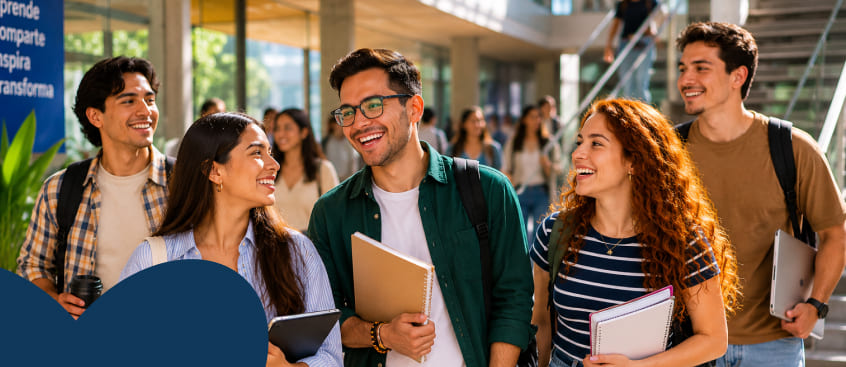 ​Jóvenes profesionales sonríen mientras salen de una de sus clases de estrategia publicitaria como parte de los ciclos propedéuticos.
