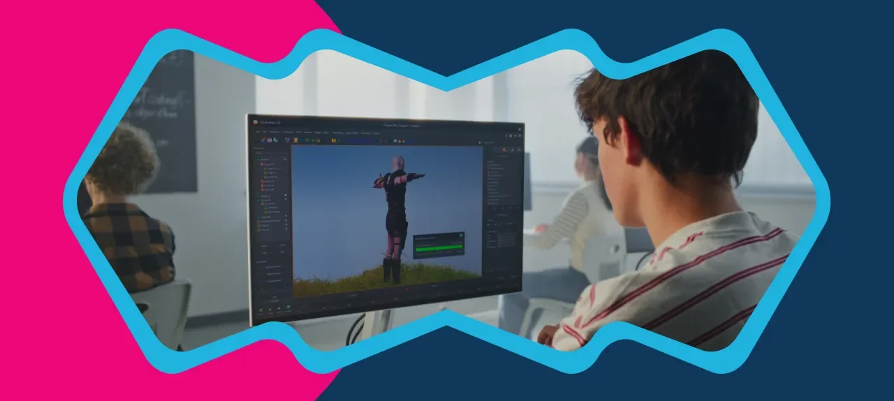 ​Estudiantes trabajando en proyectos de diseño interactivo en un laboratorio creativo en Bogotá.​ 
