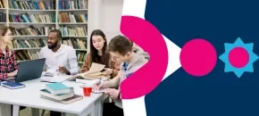 ​Grupo de estudiantes de posgrado reunidos en la biblioteca realizando un proyecto del programa de Gerencia de Finanzas del Politécnico Grancolombiano.​